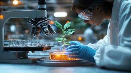 A focused scientist examines a small plant in a petri dish using a microscope in a laboratory setting. The scene emphasizes biotechnology and research.