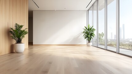 Large, empty room with a white wall and a large window