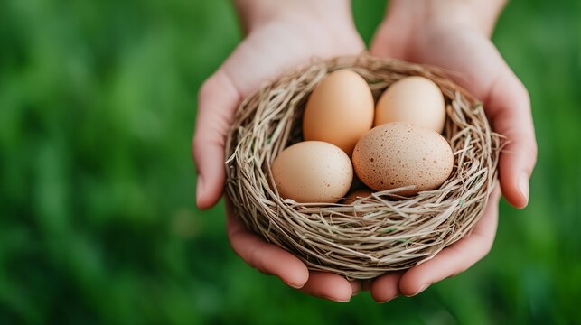 Person is holding a nest with four eggs in their hands