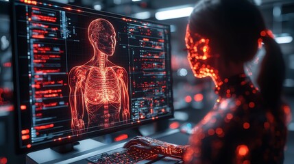 A futuristic scene shows a person interacting with a holographic human body model, highlighting advanced biomedical technology and innovation.