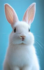 Obraz premium Big-eared white rabbit in light. A fluffy white rabbit with large ears poses adorably against a light blue background, bringing joy to viewers.