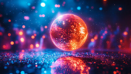 Disco ball lights at party. A vibrant disco ball shines, reflecting colorful lights at a lively dance party in a dimly lit venue.