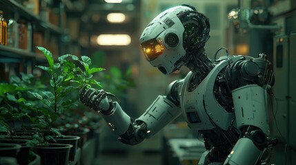 A humanoid robot examining a small green plant in pots within a futuristic laboratory. The setting combines technology with nature.