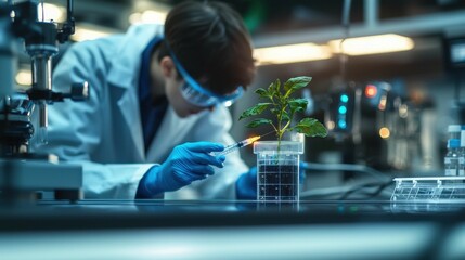 A young scientist in a laboratory setting focuses on modifying a green plant using a pipette, emphasizing biotechnology research.