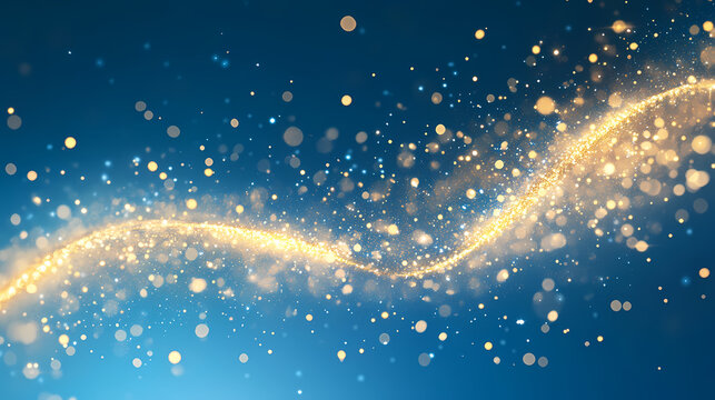 Starburst radiates golden light, creating a cascade of sparkling trails against a serene blue background. themes of technology, celebration, or festive occasions. Stellar Cascade. Illustration