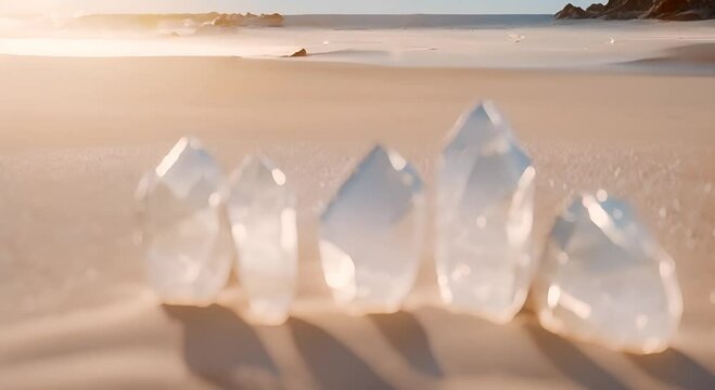 Five translucent quartz crystals are arranged in a row on a sandy beach 4K