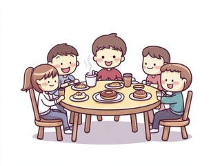 Cartoon people eating at a table, illustration on a white background, simple design, flat colors, front view Generative AI