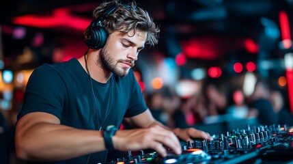 Man is playing music with a DJ mixer