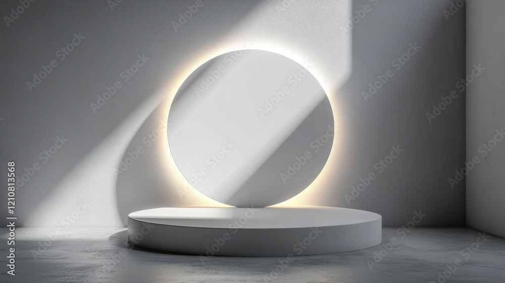Fototapete 3D white round podium set illuminated with light and shadow, featuring an abstract geometric design for minimalist product showcases 