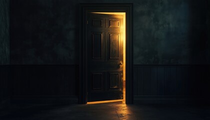 Golden Light Glow Effect As Door Opens In Empty Dark Room Rendered To Create A Striking Visual Impact.