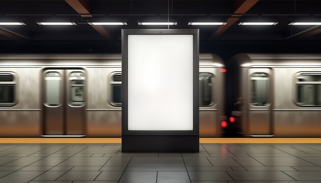 Empty advertisement display in NYC subway station. Fast moving train visible in background. Modern marketing media template. Mock up poster. Vertical design. Realistic 3D render. Ideal for urban