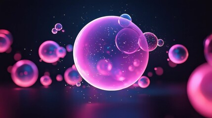 This image features a mesmerizing display of glowing purple spheres floating in a dark background, creating a scientific, modern ambiance.