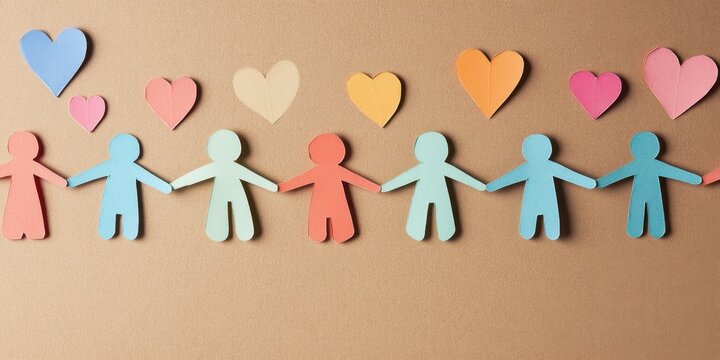 Colorful paper cutout figures and hearts symbolizing unity and love