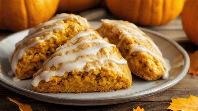 Freshly baked pumpkin scones with icing drizzle, autumn leaves, and warm fall ambiance