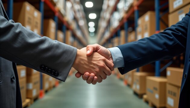 Businesspeople shaking hands in warehouse. Business deal agreed upon. Large company secures better supplier agreement. Negotiation successful. Logistics, distribution improved. Efficiency enhanced.