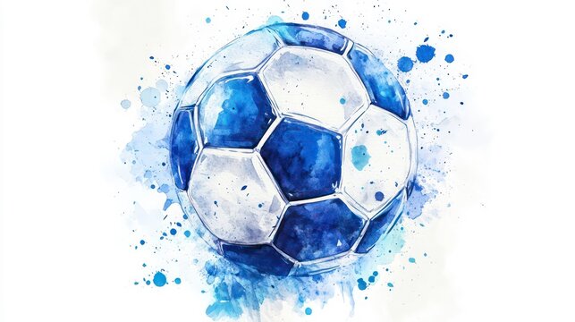 Watercolor painting of a soccer ball with blue and white hues and splatters.