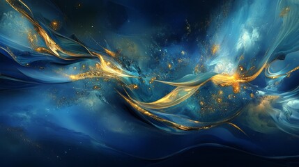 Soft blue and gold particles glowing in dark space, ethereal and luxurious, abstract and vibrant, calm and magical, soft glowing reflections, high detail atmosphere