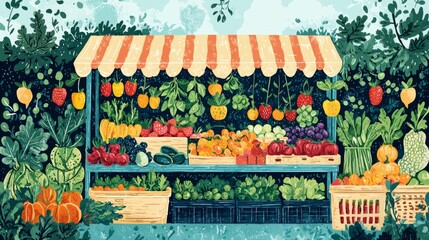 Colorful farmers market stand illustration with vendor and produce