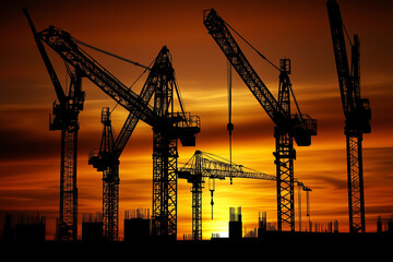 Silhouette of Construction Cranes Against Dramatic Sunset Sky at a Building Site