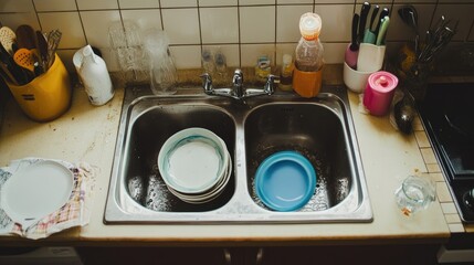 Top view of a clean kitchen with an empty sink, polished counters, and stacked dishes.