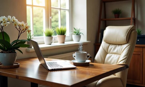 A cozy home office setup featuring a laptop, coffee mug, and a plant for a comfortable and productive workspac
