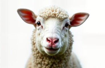 Fototapeta premium Fluffy white sheep looks directly at camera. Close-up portrait of farm animal. Cute face, woolly fur. Friendly expression. Perfect for farm animals concept. Suitable for children books, educational