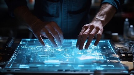 Engineer is interacting with a futuristic transparent touchscreen computer displaying complex hologram data, showcasing innovation in human computer interaction