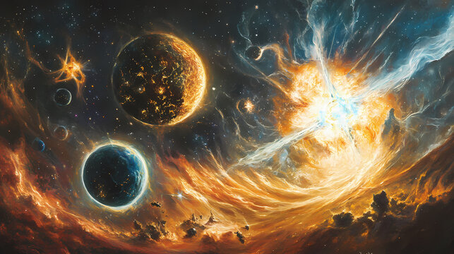 An explosive interstellar energy cascade erupts in a dazzling display of plasma-like currents, radiating with prismatic brilliance across the cosmic canvas. Stellar Cascade. Illustration