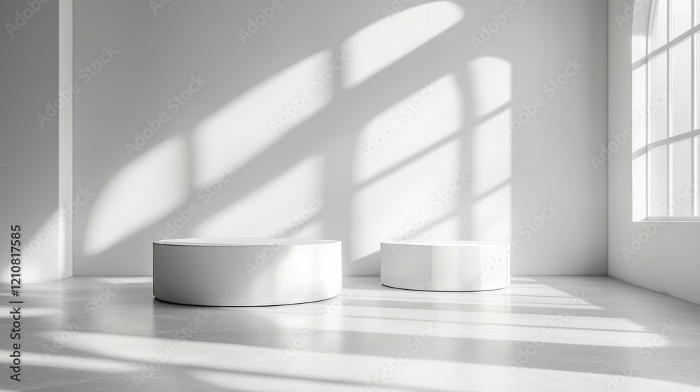 Fototapete 3D studio display with white round podiums, light and shadow creating depth in a minimalist geometric setting