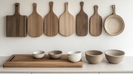 Top view of a spotless kitchen island with wooden cutting boards and ceramic bowls.