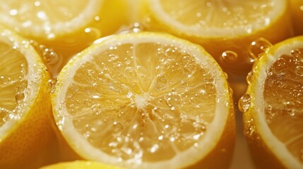 Bubbly Lemon Slices Fizz in Water, Close-up, Refreshing Drink