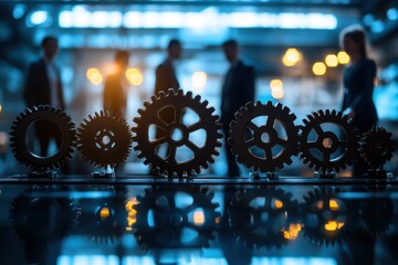 Gears of Industry. Silhouettes of a business team stand behind a row of cogwheels, symbolizing the collaborative effort and seamless operation of a thriving company.