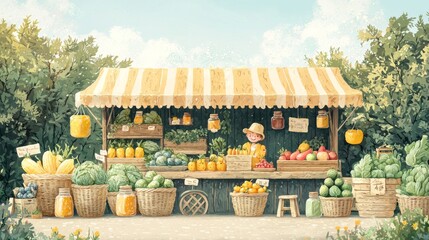 Charming farmers market illustration with colorful vendors and produce