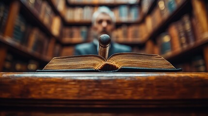 Old book on a wooden lectern in a historic library with a scholar studying in the background during the day