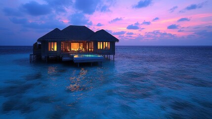 Overwater bungalow at sunset, ocean view.