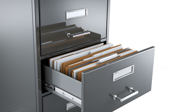 A 3D rendering of a cabinet isolated on white background PNG used for office work