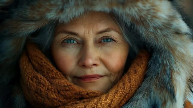 Warm expressions in winter: closeup of a smiling woman in a fur hooded coat