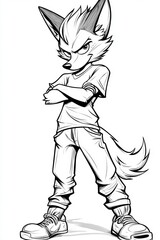 Fototapeta premium Stylized cartoon wolf character standing confidently with a casual outfit and expressive facial features.