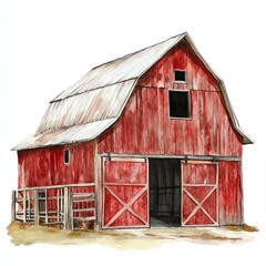 This artwork features a brightly colored barn with intricate textures, set on a white background, highlighting its classic silhouette and rustic charm