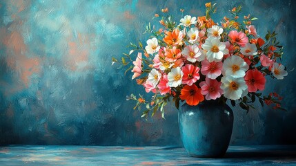 Vibrant flower bouquet in a blue vase against a textured background.