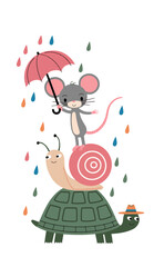 A whimsical scene with three animated characters. At the top, there's a mouse holding a pink umbrella, standing atop a
spiral-shaped snail. The snail is in turn perched on a green turtle