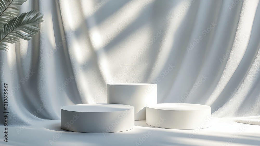 Fototapete 3d abstract geometric composition with white round podiums, soft light and shadow creating an elegan
