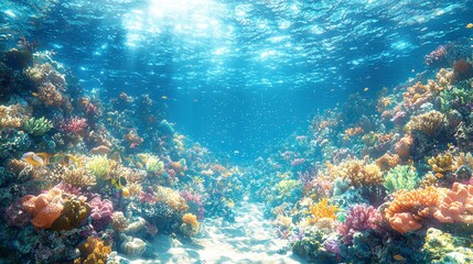 Fototapeta premium Vibrant coral reef teeming with marine life under sunlit ocean.