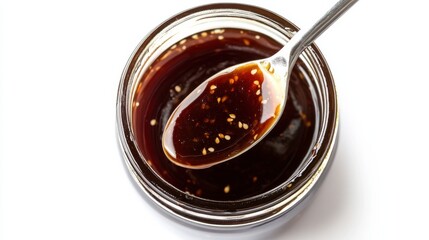 A jar of tangy hoisin sauce with a rich, savory-sweet flavor and a hint of garlic, Each spoonful’s glossy texture and umami depth captured with precision