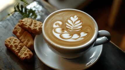 Close-up of artistic cappuccino with latte art served alongside biscotti