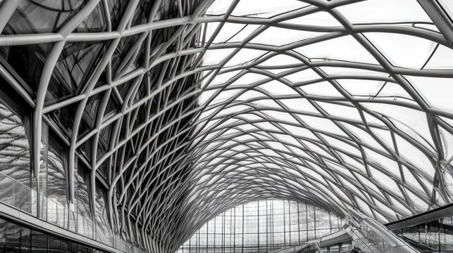 Modern building interior, steel lattice ceiling, glass walls, city transit