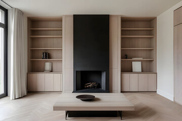 Luxury living room design with neutral tones, wooden built-ins, and a framed space for art or a mirror