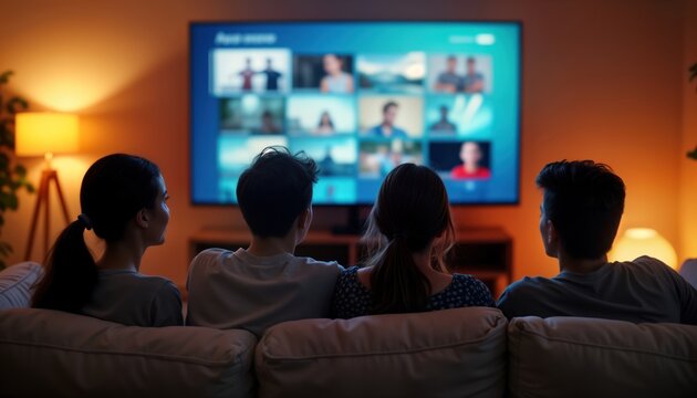 Young people relax at home watching movies on big screen TV. Friends gather on couch in living room. Group of four people enjoy leisure time. Casual home entertainment setting. Back view of seated