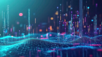 Fototapeta premium Abstract digital landscape with glowing lines and particles, representing data flow and futuristic technology.