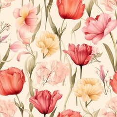 Charming Watercolor Floral Pattern Featuring Lively, Vibrant Pink and Peach Tulips Alongside Lush Greenery